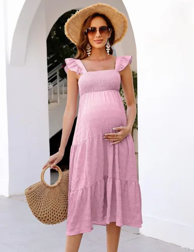 Vista 4 de KOJOOIN Vestido de maternidad para mujer, sin mangas, cuello cuadrado, volantes, casual, bohemio, vestido midi para baby shower, sesión de fotos