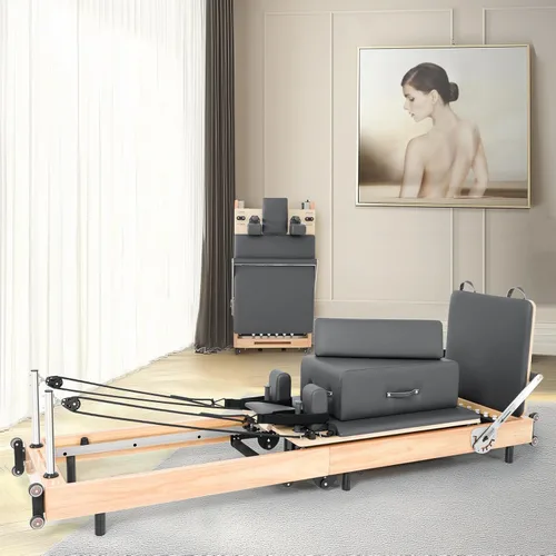 Vista 7 de Foldable Oak Wood Pilates Reformer Machine for Home and Studio Training 500 lb capacity with box, jump board and foot board for home workouts or