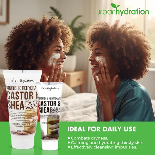 Vista 3 de Urban Hydration Castor and Shea - Limpiador facial y loción facial Duo Pack Combate la piel seca, limpia, hidrata y unifica el tono de la piel