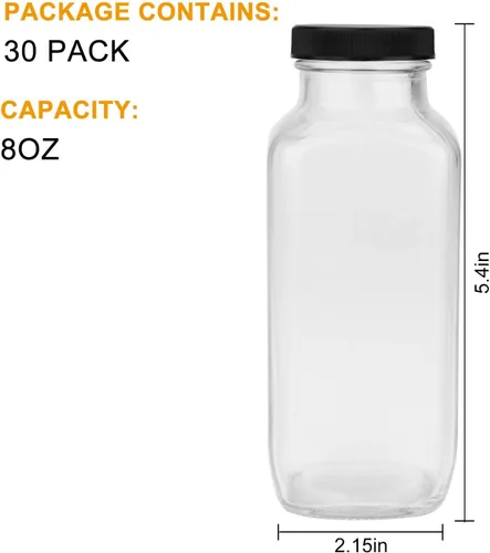 Vista 2 de Botellas de vidrio de 8 onzas, botella de agua de vidrio reutilizable con tapas herméticas, tarros de bebida vintage para batidos, kombucha, té