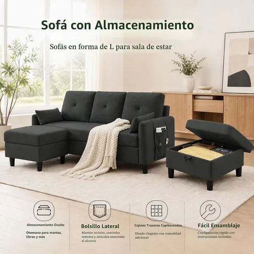 Vista 3 de Sofá modular convertible, pequeño en forma de L de 3 asientos con diván de almacenamiento reversible, sofá moderno de tela de poliéster para sala