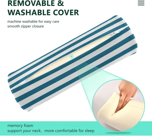 Vista 4 de Almohada redonda con funda de almohada cervical con rayas azules y blancas para el cuello, almohada cervical, soporte de cuello de espuma