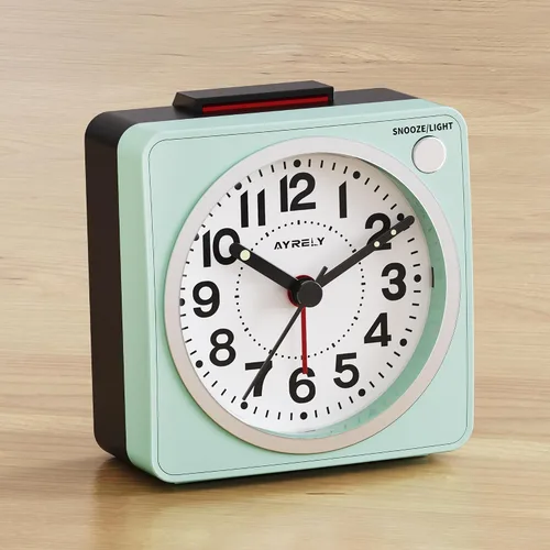 Vista 10 de AYRELY® Reloj despertador analógico de viaje ultra pequeño de 2.6 x 1.4 pulgadas, silencioso, sin tictac, con repetición y luz, reloj retro de Azul