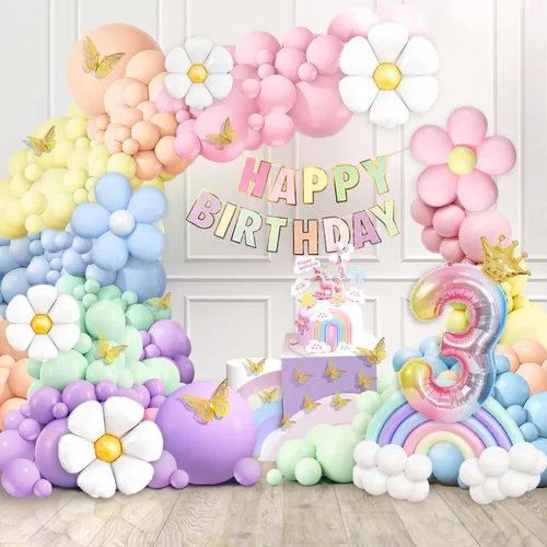 Vista 15 de Decoraciones de primer cumpleaños para niña, 219 margaritas para primer cumpleaños, kit de arco de globos pastel, pancarta de feliz cumpleaños
