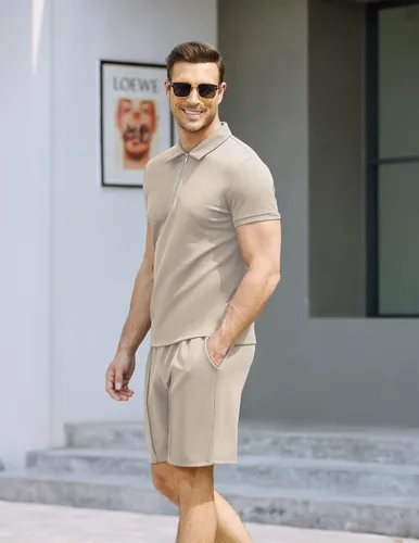 Vista 3 de COOFANDY Conjunto de 2 piezas de camisa polo y traje corto para hombre con cremallera de un cuarto para verano