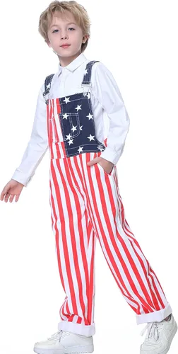 Vista 2 de Boys American Overalls Adjustable Straps 4th of July Girls Romper Usa Flag Bibs 6-12 years kids Patriotic Jumpsuit