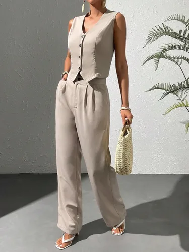 Vista 4 de WDIRARA Conjunto de 2 piezas para mujer, chaleco con botones frontales, sin mangas, cuello en V, chaqueta y pantalones