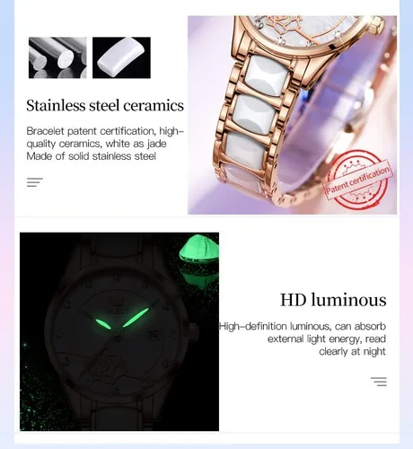 Vista 6 de OLEVS Relojes para mujer, oro rosa, de dos tonos, de moda, de cerámica, blanco, esfera rosa, roja, acero inoxidable, fecha impermeable
