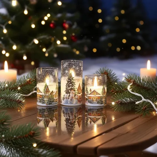Vista 7 de Velas de cristal sin llama de casa de muñeco de nieve a pilas, con control remoto y temporizador; velas LED parpadeantes de cera real, luz blanca