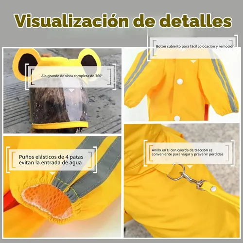 Vista 2 de Impermeable para perros, chaqueta impermeable para perros con rayas reflectantes de seguridad, poncho con capucha y correa para perros y cachorros A