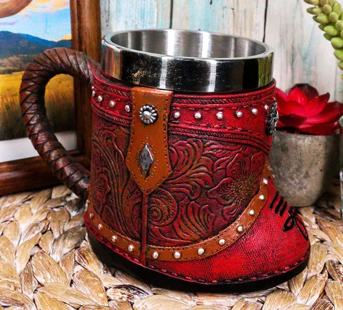 Vista 2 de Ebros Gift Bota rústica de vaquera occidental con taza de café con estrella solitaria en piel sintética con acabado floral de desplazamiento floral
