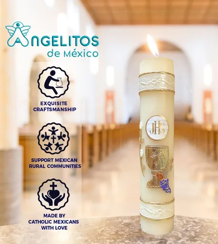 Vista 2 de Angelitos de Mexico Celebración Vela Primera Comunión Único Hecho a Mano Primera Comunión Cirio Vela Cáliz Uvas