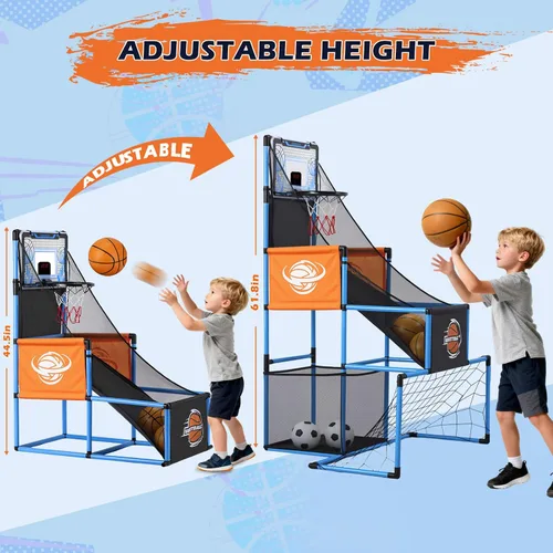 Vista 7 de Juego de Arcade de Baloncesto y Portería de Fútbol 2 en 1 para Niños, Aro de Baloncesto Ajustable para Niños con 6 Pelotas y Bomba