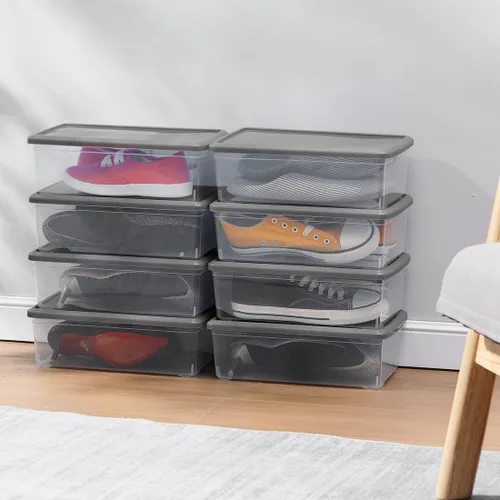 Vista 5 de Cajas de zapatos de plástico gris claro apilables contenedores de almacenamiento con tapas Cerrar, apilable, ampliamente utilizado, transparente