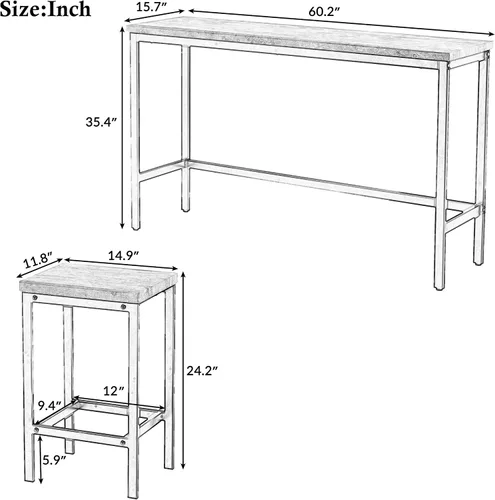 Vista 4 de RUNNA Juego de mesa de comedor extra larga de 4 piezas, mesa auxiliar de cocina de bar con 3 taburetes de bar (marrón)