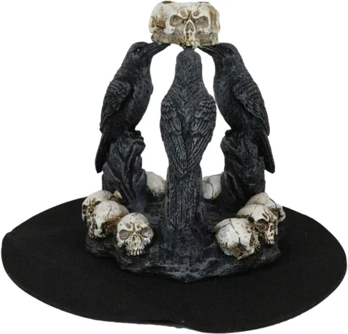 Vista 3 de Ebros Gift Gótico Macabre Quoth The Raven Nevermore Trio 3 Ravens with Skulls Backflow Incienso Cono Quoth Figurine Ravens Crows Wicca Brujería