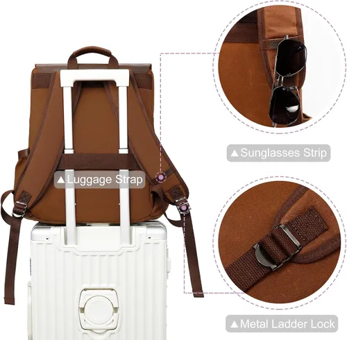 Vista 5 de Modoker Mochila de lona encerada, mochila de cuero para hombres y mujeres, mochila vintage de viaje para laptop de 15.6 pulgadas, mochila retro
