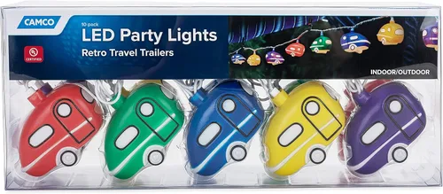 Vista 4 de Camco Luces retro de fiesta de remolque de viaje, cuenta con una hebra de 8 pies con (10) luces de remolque de viaje, cadena de luces de campamento