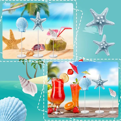 Vista 4 de Gerrii 3 piezas de decoración de mesa de océano de verano, Navidad, estrella de mar, concha, concha, decoración de mesa de madera, letrero de centro