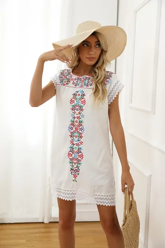 Vista 7 de Vestidos casuales de verano para mujer, vestido mexicano, campesino, midsommar, bordado, tradicional, con volantes, salida de playa, color negro