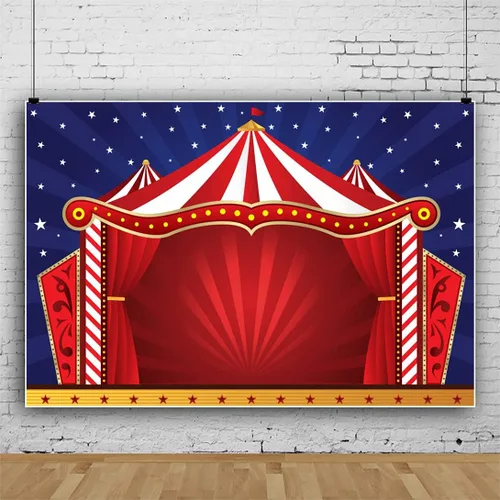 Vista 5 de Laeacco Telón de fondo rojo para tienda de campaña de circo de dibujos animados, rayas rojas y blancas, cortina roja de circo, 5 x 3 pies, fondo