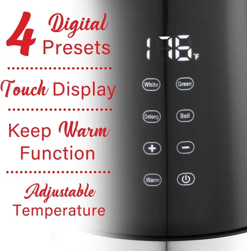 Vista 4 de Brentwood Hervidor digital inalámbrico Cool Touch de 1100 W y 1.7 L con interior de acero inoxidable, control de temperatura con 4 preajustes, base