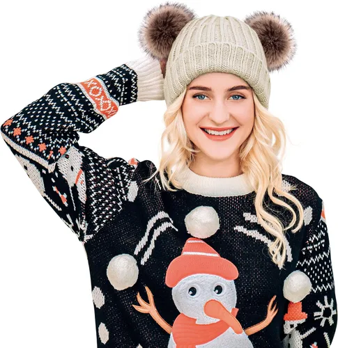 Vista 4 de Arctic Paw - Gorro tejido con orejas de pompón de piel sintética