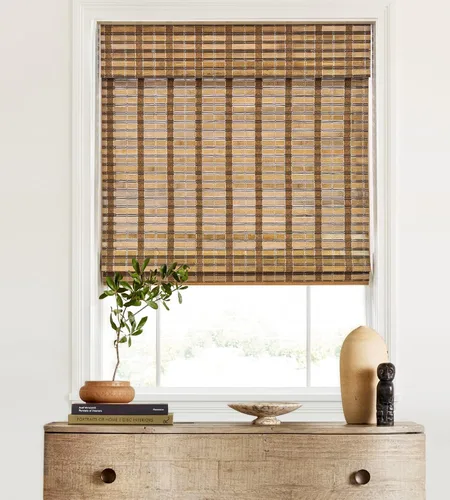 Vista 18 de LazBlinds - Cortinas romanas de bambú personalizadas sin cordón, tratamiento de ventana con filtro de luz, persianas enrollables de bambú retro