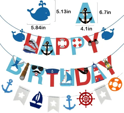 Vista 7 de 77 piezas de suministros náuticos para fiestas: pancarta náutica de feliz cumpleaños, banderines, 30 globos de látex (rojo, azul, blanco), 24