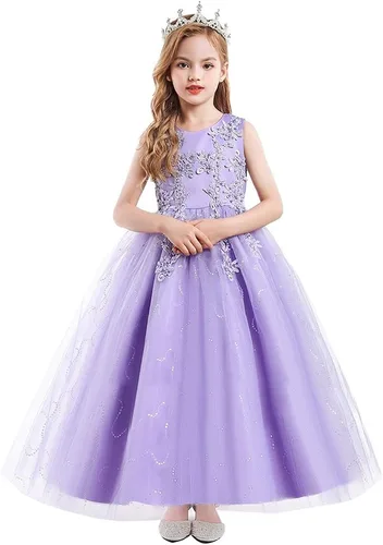 Vista 2 de MYRISAM Vestido largo de tul con encaje bordado para niñas de flores, para comunión, para comunión, cumpleaños, princesa, concurso de belleza