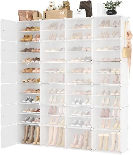 Vista 14 de Organizador portátil para zapatos con puerta, 48 pares de almacenamiento para zapatos, fácil de montar, plástico ajustable, organizador de zapatos