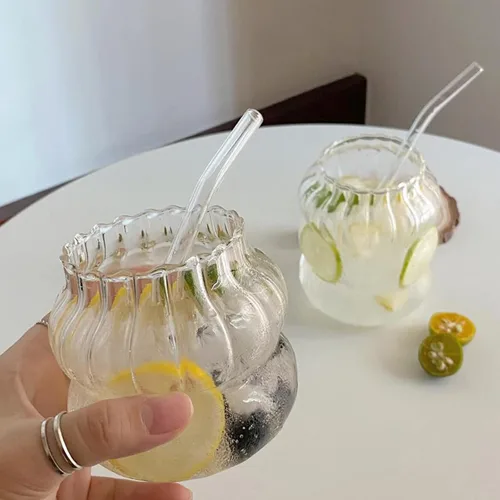 Vista 4 de Ochine Vasos acanalados para beber – Vasos de vidrio para vino, café, cócteles, expreso, té helado, agua, bebidas, jugo y cerveza