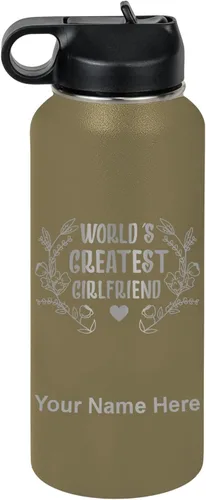Vista 23 de LaserGram Botella de agua personalizada, World's Greatest Girlfriend, acero inoxidable de doble pared aislada al vacío con popote superior, regalo