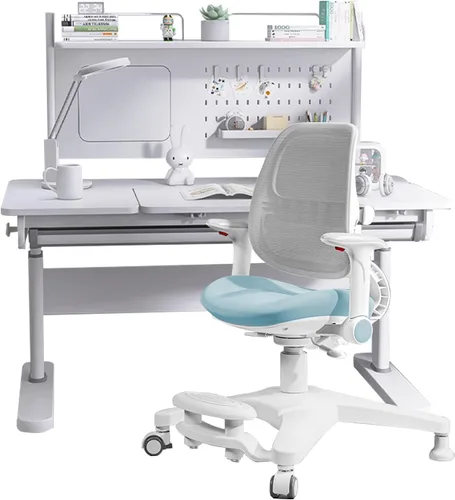 Vista 13 de FCD Escritorio y silla para niños, juego de escritorio y silla de estudio ergonómico, multifuncional, ajustable, mesa de dibujo y estación