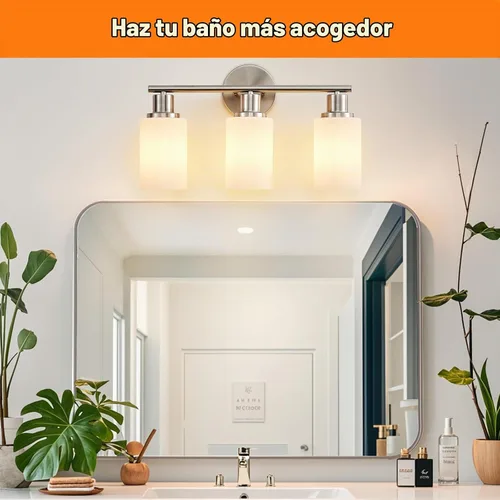 Vista 2 de [Usado] DLLT Lámparas de Baño de 3 Luces: Luces de Tocador Modernas de Níquel con Bombillas E26 - Lámpara de Pared de Baño con Pantalla de Vidrio