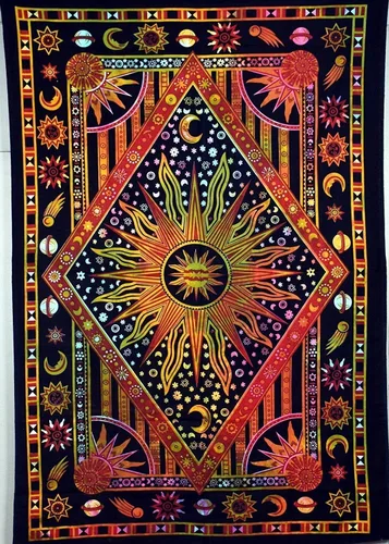 Vista 3 de Tapiz bohemio de sol y luna celestial de teñido anudado dorado para colgar en la pared, tapiz bohemio hippie, tapiz hippie, cortina de playa