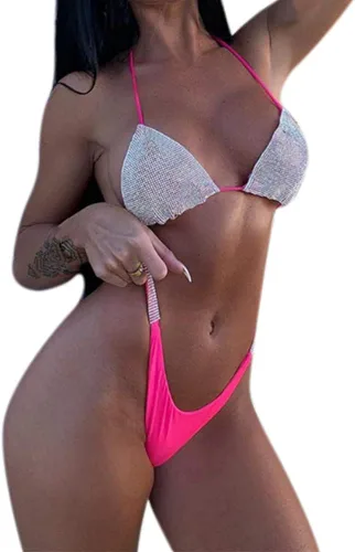 Vista 5 de Traje de baño de 2 piezas con cristales de diamantes brillantes para mujer, bikini sexy push up para fiestas, rave, club