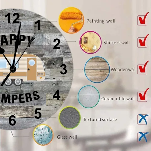 Vista 7 de Reloj redondo de madera de estilo chic con temática de campamento Happy Campers con números arábigos, funciona con pilas, silencioso, sin tictac