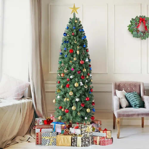 Vista 6 de Yaheetech Árbol de Navidad artificial de abeto Kingswood sin luz, de 6 pies, árbol de Navidad delgado con bisagras con 814 puntas de ramas y soporte