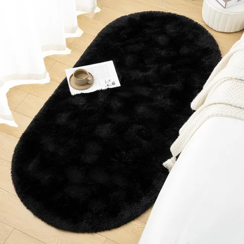 Vista 4 de Goideal - Alfombra esponjosa de dormitorio, alfombra pequeña ovalada, alfombra negra peluda para mesita de noche, ideal para habitación infantil