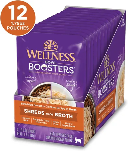Vista 2 de Wellness Bowl Boosters Shreds with Broth Wet Cat Food Topper, sin granos, natural, receta de pollo, 1.75 onzas, paquete de 12 bolsas