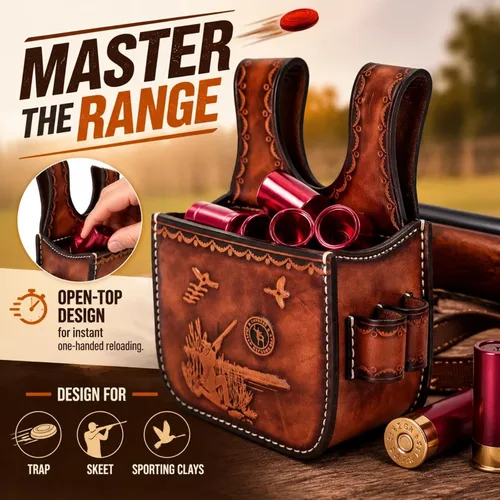 Vista 5 de TOURBON - Funda de piel para escopeta para tiro de arcilla, trampa y skeet Holds 25+ Shells, Fits 2-Inch Belts, Quick Access Open-Top Design, Side