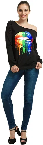 Vista 2 de MAGICMK - Suéter de hombros descubiertos y manga larga para mujer, blusas informales con estampado de labios, tallas extragrandes, holgadas