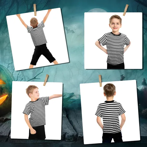 Vista 7 de FONYFA Disfraz de Addams de Halloween, camisetas de manga corta a rayas, pantalones cortos y calcetines de tubo alto para fiesta temática
