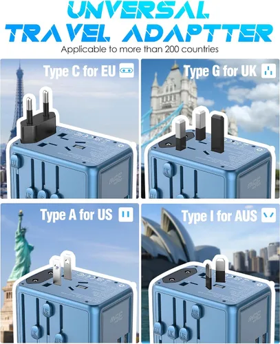 Vista 5 de Adaptador universal de viaje, carga rápida PD de 35 W, 5 puertos USB C/A 2500W AC Outlet, International Power Adapter for Europe UK US AU 200+