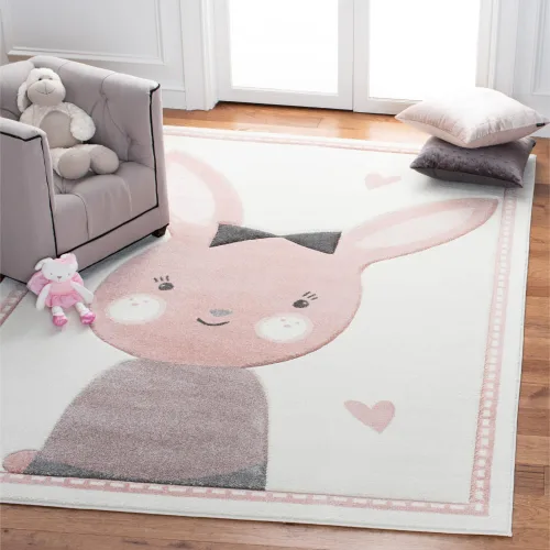Vista 17 de SAFAVIEH Carousel Kids Collection - Alfombra decorativa de 2 x 3 pies, diseño de conejo, color gris y marfil, no desprende pelusa y de fácil