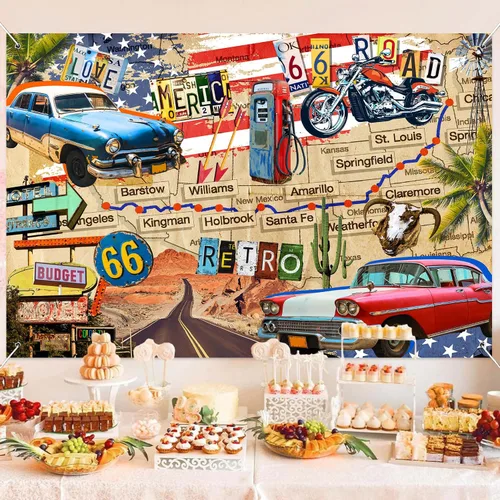 Vista 4 de HANYING Telón de fondo vintage de ruta 66, motocicleta clásica para automóvil, estación de servicio, mapa de ruta, fotografía, fondo retro, fiesta