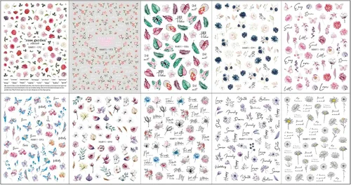 Vista 2 de JMEOWIO 10 hojas de calcomanías de arte de uñas de flores de primavera, calcomanías autoadhesivas, uñas coloridas de verano, suministros de uñas