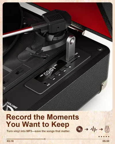 Vista 3 de TANALNIN - Tocadiscos de vinilo, tocadiscos portátil de maleta con Bluetooth de 3 velocidades con altavoces integrados, grabación USB, salida RCA