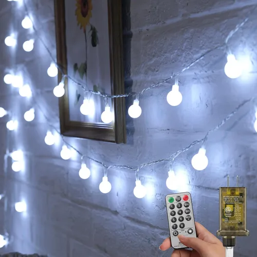 Vista 12 de Minetom Guirnalda de luces con forma de globo, 33 pies, 100 luces LED enchufables, 8 modos con control remoto, mini luces de globo para interiores